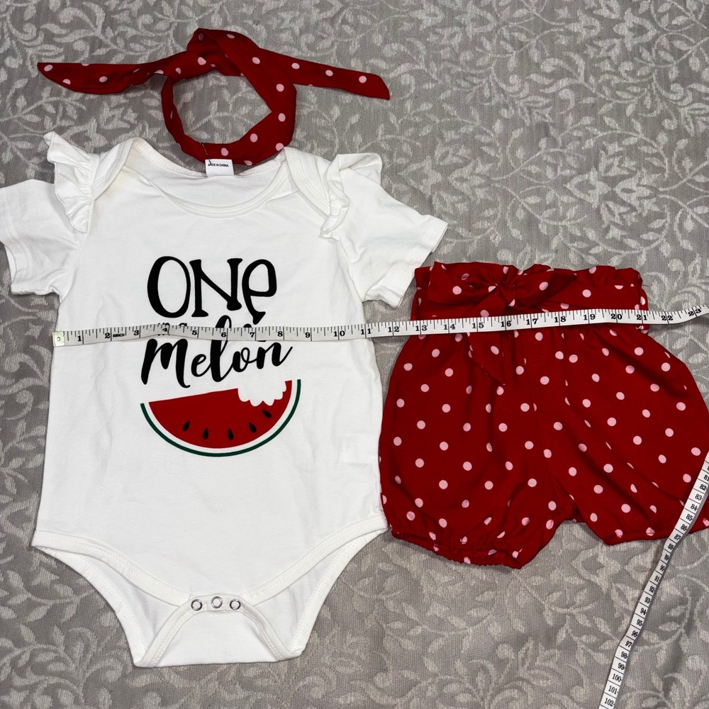 One in a Melon Baby Girl 3pc Set Bodysuit Shorts Headband Red White 18-24M (C26) - Picture 3 of 14